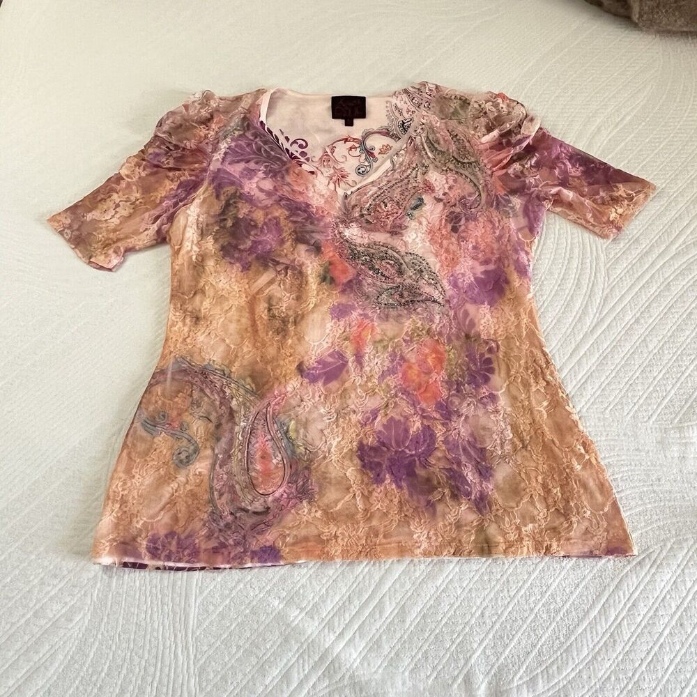 VINTAGE Y2K French Blue Shirt Womens Size Large Pink Purple Paisley Lace
